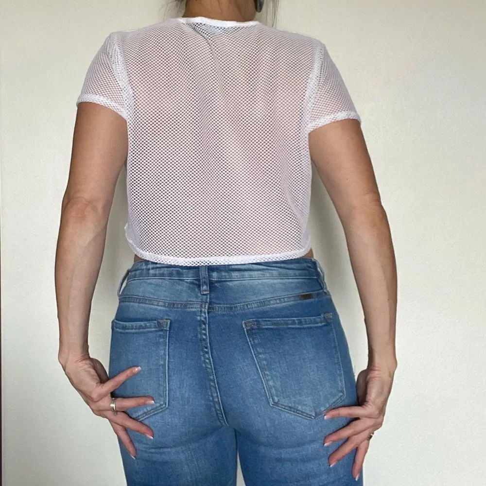 PRETTYLITTLETHING Top White Mesh Crop Festival Rave Party US 6